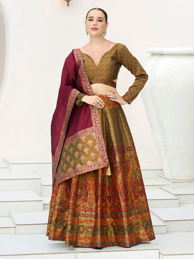 Olive Kanijwaram Jacquard Designer Lehenga Choli For Ceremonial