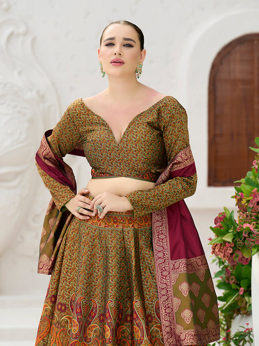 Olive Kanijwaram Jacquard Designer Lehenga Choli For Ceremonial