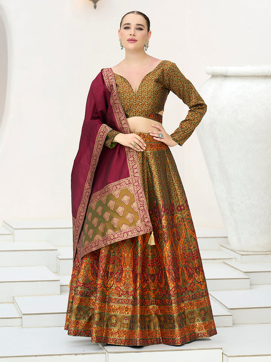 Olive Kanijwaram Jacquard Designer Lehenga Choli For Ceremonial