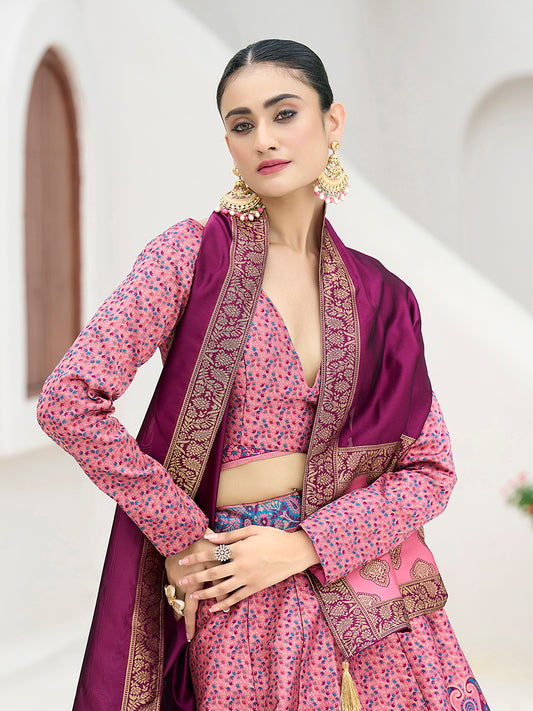 Pink Kanijwaram Jacquard Designer Lehenga Choli For Ceremonial