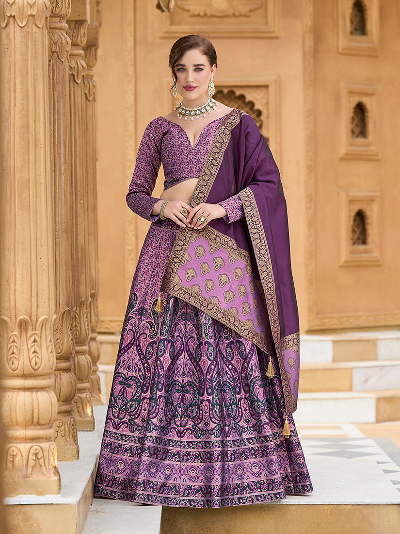 Lavender Kanijwaram Jacquard Designer Lehenga Choli For Ceremonial