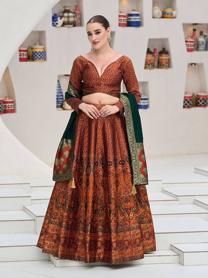 Rust Kanijwaram Jacquard Designer Lehenga Choli For Ceremonial