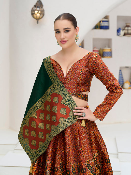 Rust Kanijwaram Jacquard Designer Lehenga Choli For Ceremonial
