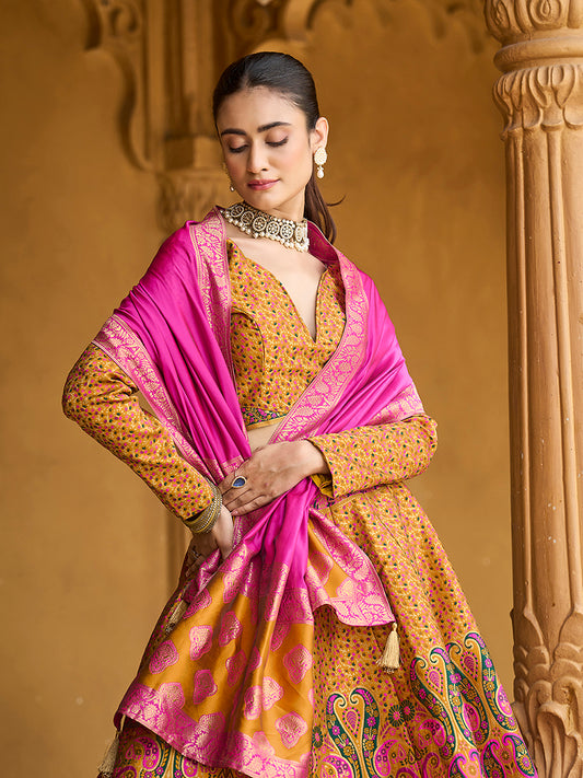 Yellow Kanijwaram Jacquard Designer Lehenga Choli For Ceremonial
