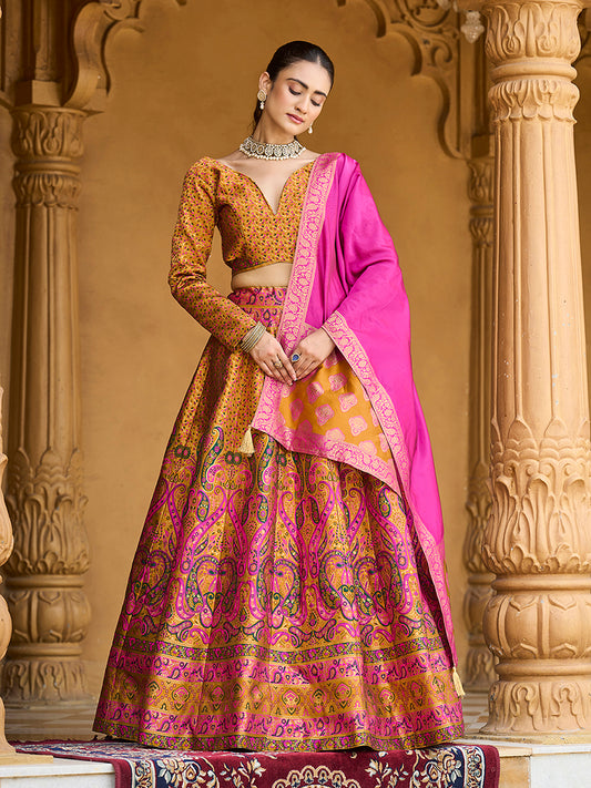 Yellow Kanijwaram Jacquard Designer Lehenga Choli For Ceremonial