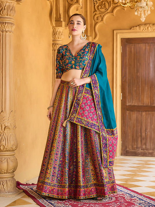 Turquoise color Jacquard Designer Lehenga Choli For Festival