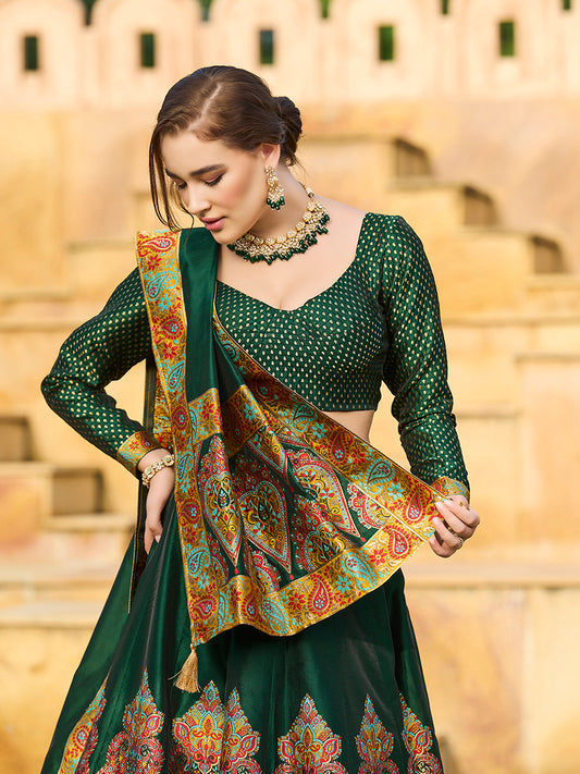 Dark Green Color Jacquard Designer Work Lehenga Choli For Ceremonial