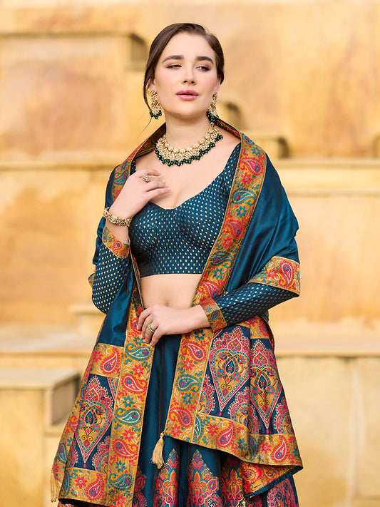 Teal blue Color Jacquard Designer Work Lehenga Choli For Ceremonial