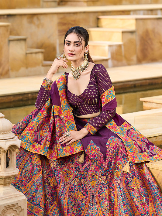 Wine Color Jacquard Designer Work Lehenga Choli For Ceremonial