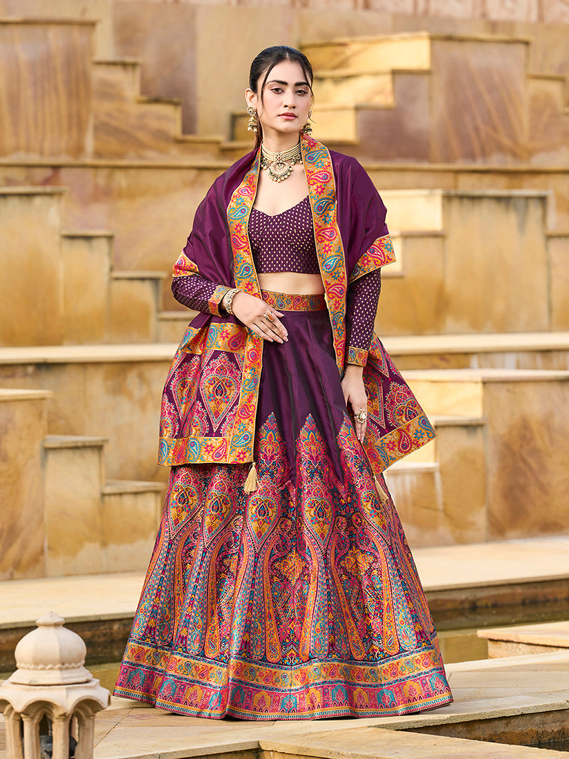 Wine Color Jacquard Designer Work Lehenga Choli For Ceremonial