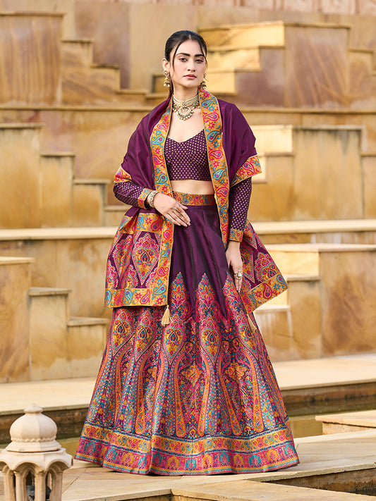 Wine Color Jacquard Designer Work Lehenga Choli For Ceremonial
