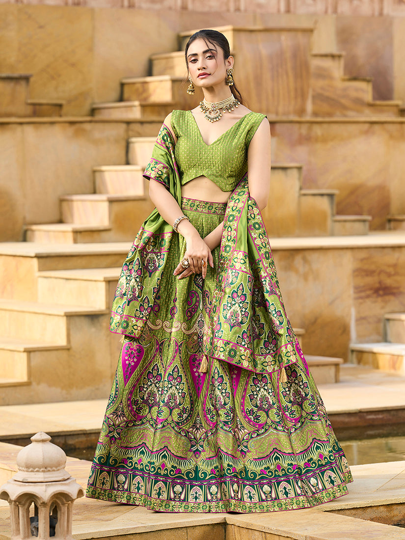 Charming Mehendi color Jacquard Lehenga choli with Dupatta