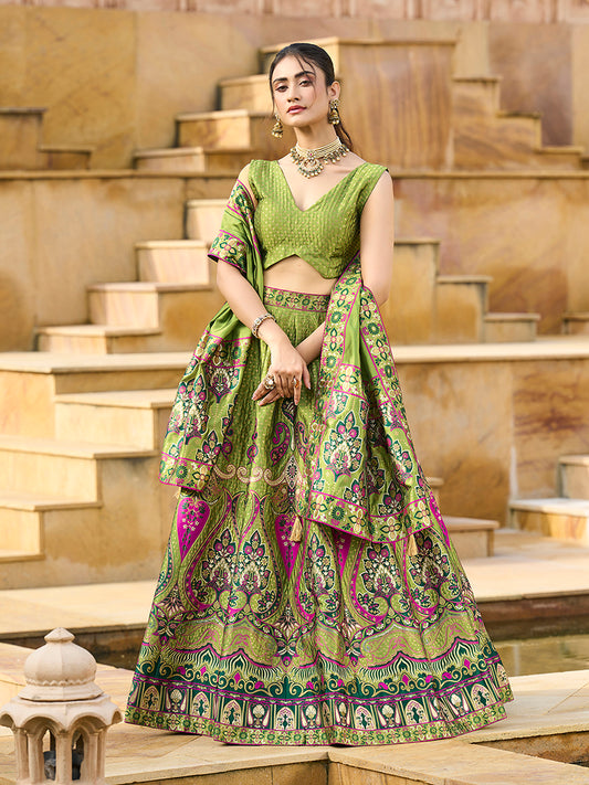 Charming Mehendi color Jacquard Lehenga choli with Dupatta