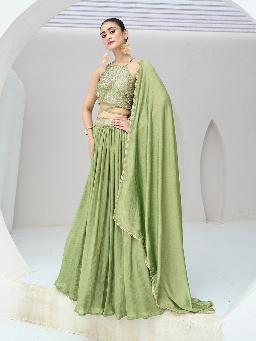 Light Green Festive Look with Silk Crush Lehenga Choli