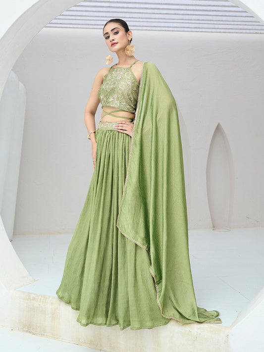 Light Green Festive Look with Silk Crush Lehenga Choli