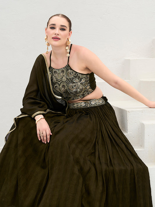 Olive Green Festive Look with Silk Crush Lehenga Choli