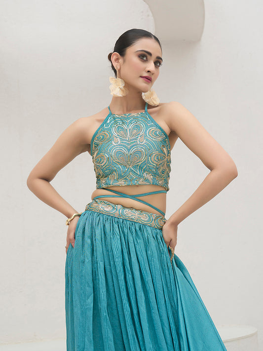 Sky blue Festive Look with Silk Crush Lehenga Choli