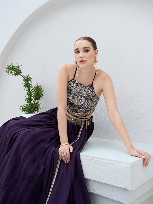 Wine Festive Look with Silk Crush Lehenga Choli