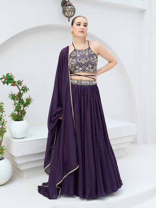 Wine Festive Look with Silk Crush Lehenga Choli