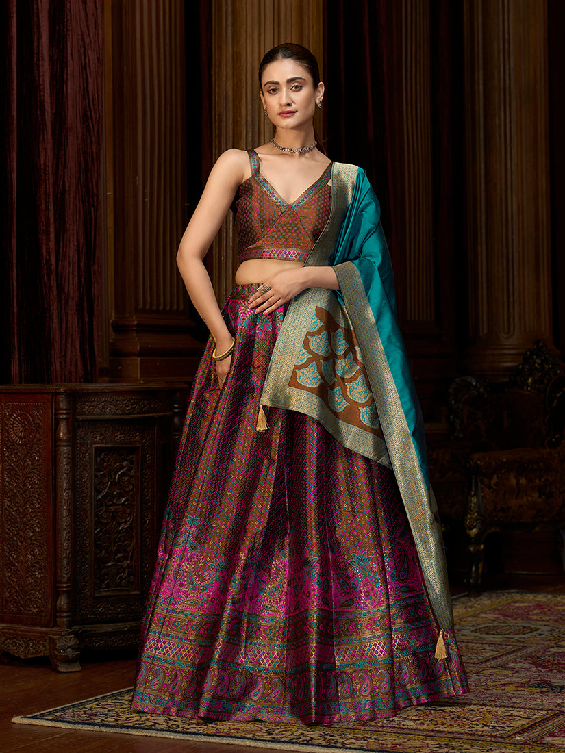 Brown Kanjiwaram Silk Jacquard Woven Trendy Lehenga Choli