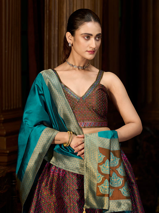 Brown Kanjiwaram Silk Jacquard Woven Trendy Lehenga Choli