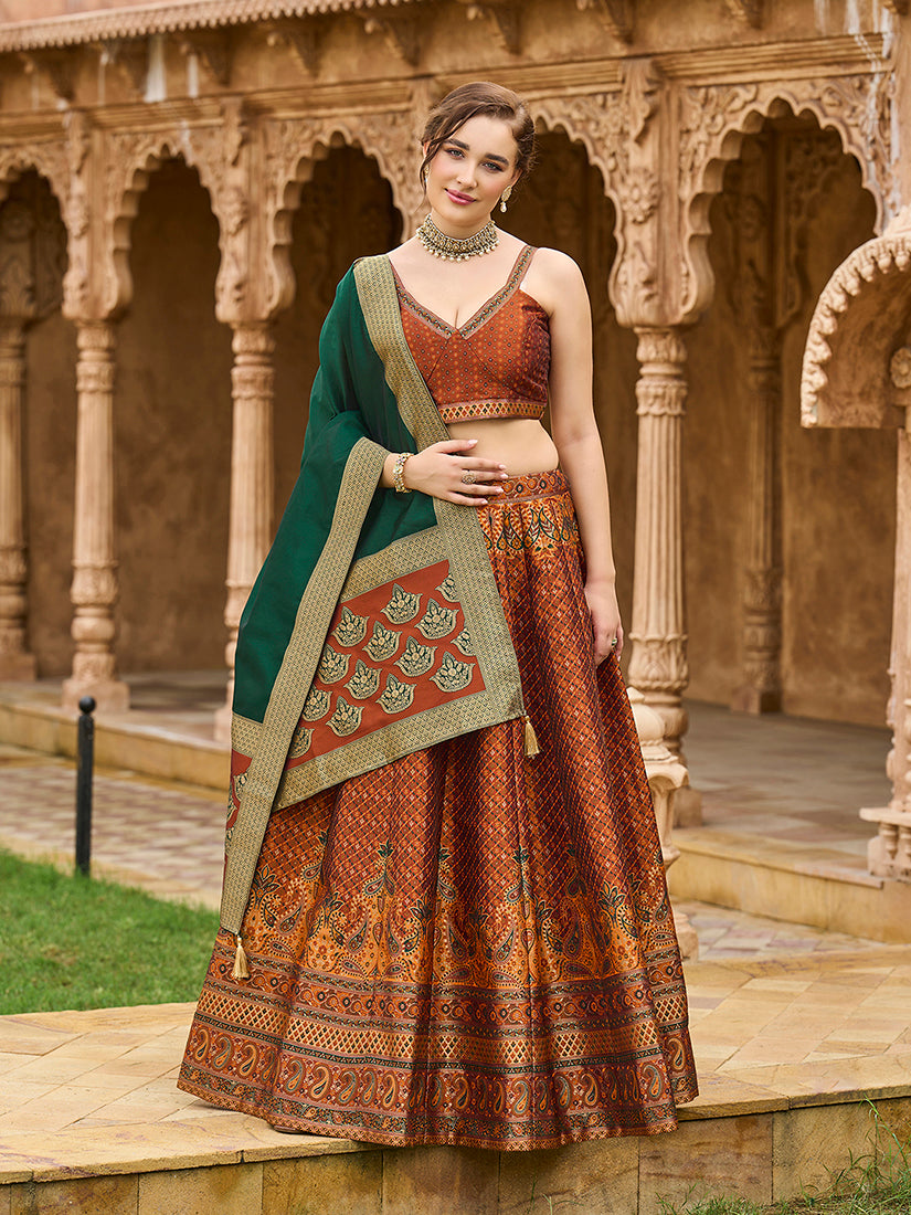 Rust Kanjiwaram Silk Jacquard Woven Trendy Lehenga Choli