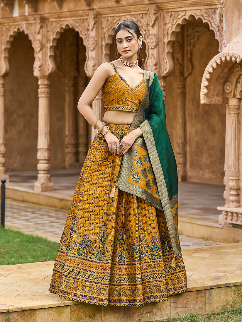 Yellow Kanjiwaram Silk Jacquard Woven Trendy Lehenga Choli