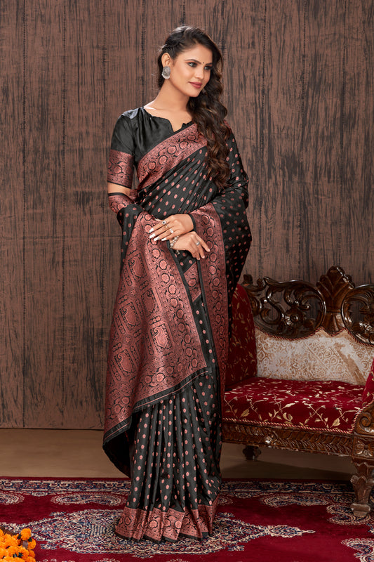 Black Banarasi Silk Zari Weaving Work Designer Saree