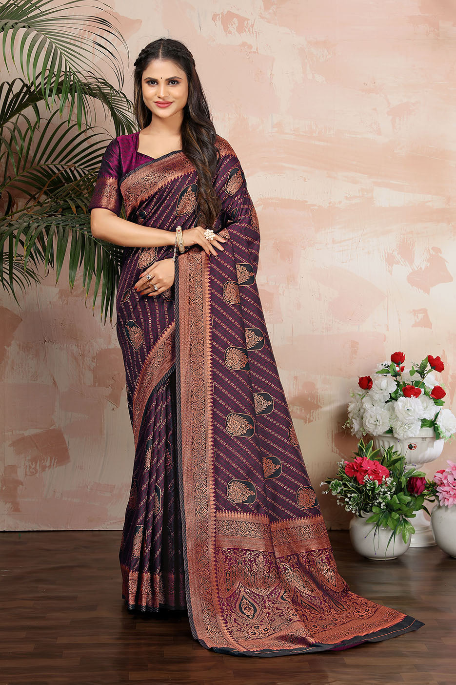 Purple Satin Silk Zari Weaving Work Traditonal Saree