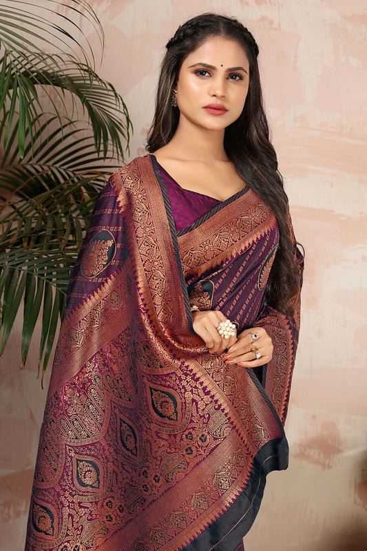 Purple Satin Silk Zari Weaving Work Traditonal Saree