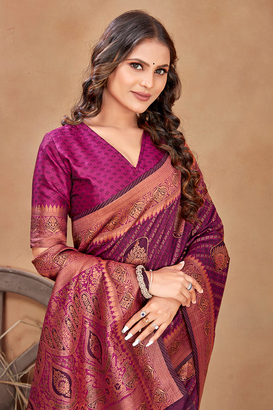 Magenta Satin Silk Zari Weaving Work Traditonal Saree