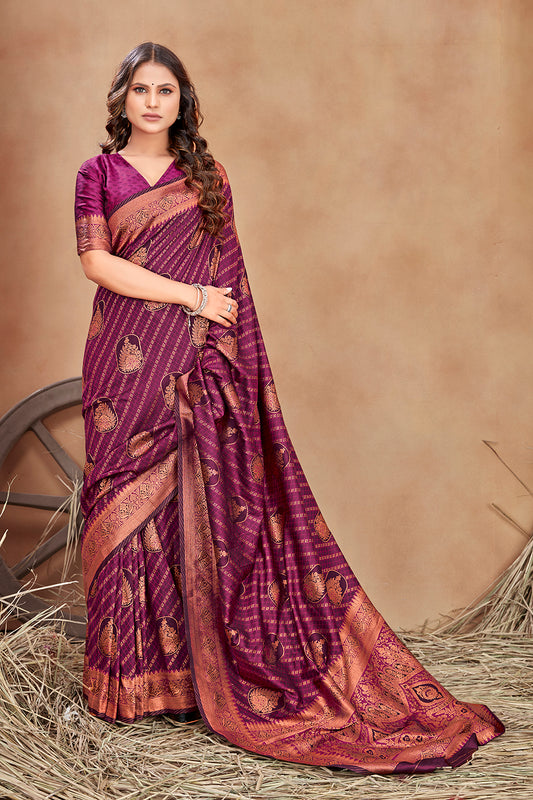 Magenta Satin Silk Zari Weaving Work Traditonal Saree