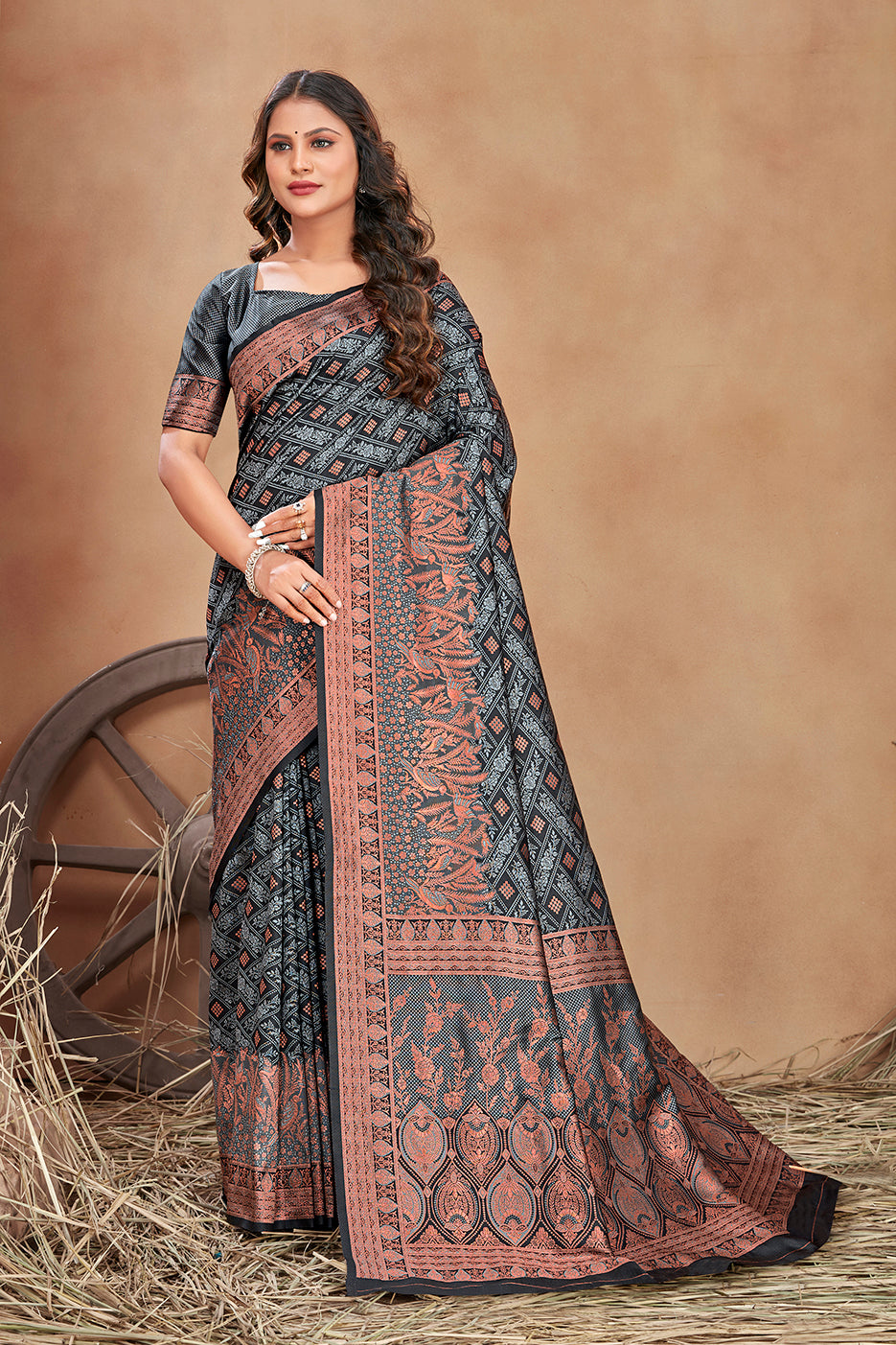 Grey Satin Silk Zari Weaving Work Traditonal Saree