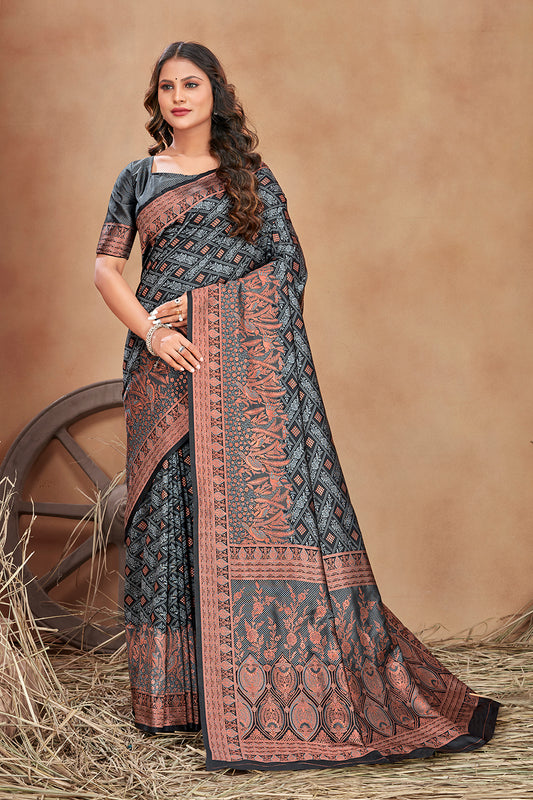 Grey Satin Silk Zari Weaving Work Traditonal Saree