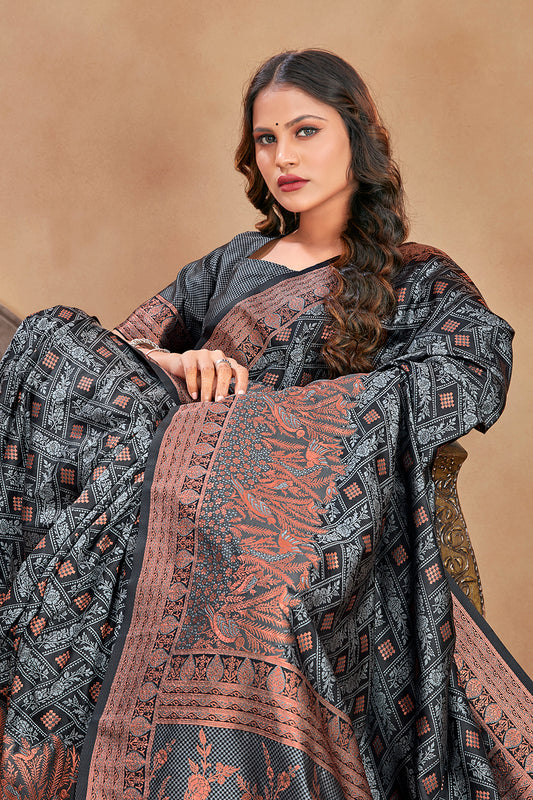 Grey Satin Silk Zari Weaving Work Traditonal Saree