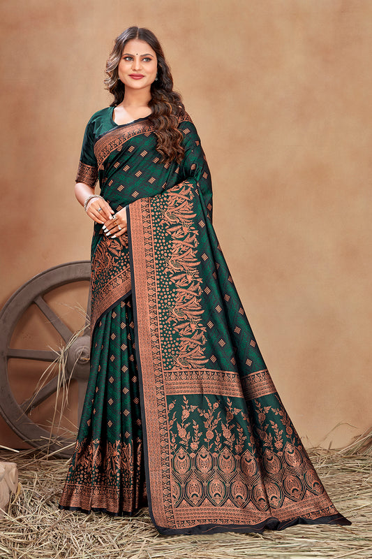 Dark Green Satin Silk Zari Weaving Work Traditonal Saree