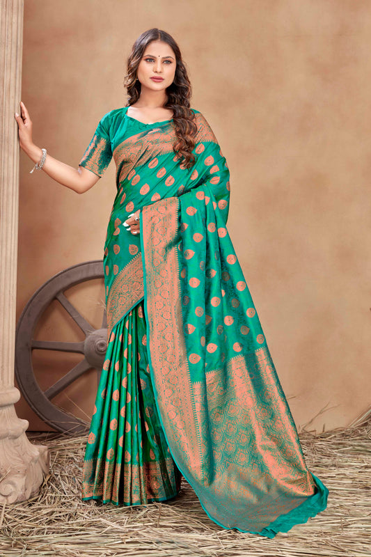Sea Green Woven Silk Blend Classic Saree With Blouse