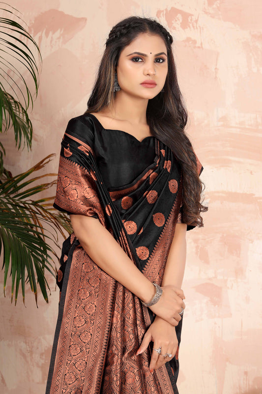 Black Woven Silk Blend Classic Saree With Blouse