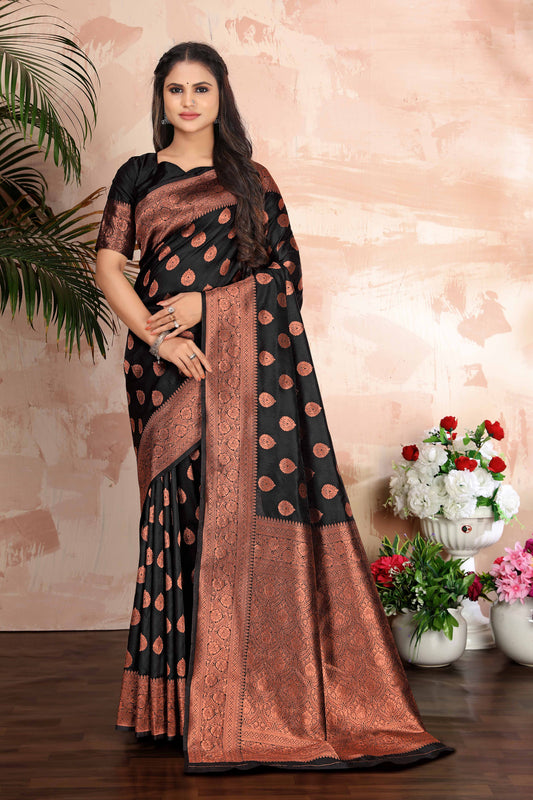 Black Woven Silk Blend Classic Saree With Blouse