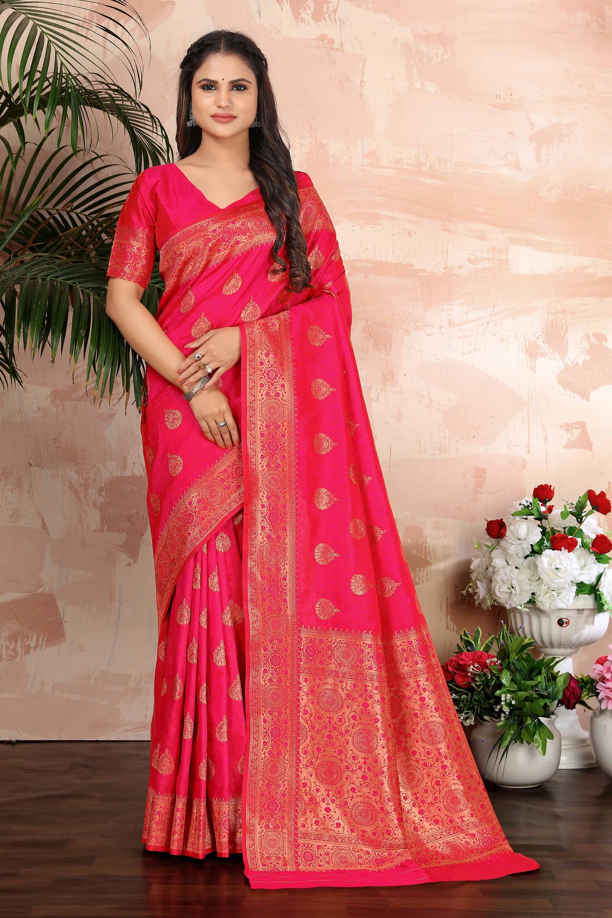 Bright Pink Woven Silk Blend Classic Saree With Blouse