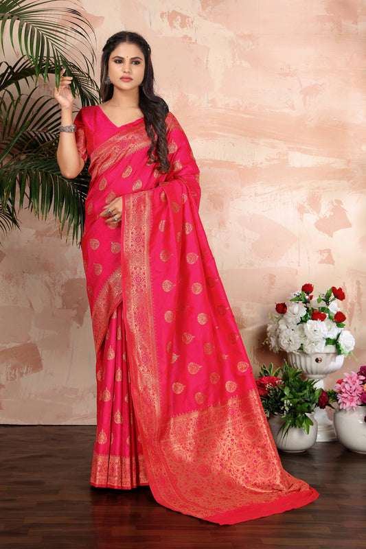Bright Pink Woven Silk Blend Classic Saree With Blouse