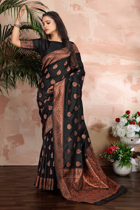 Black  Woven Silk Blend Classic Saree With Blouse