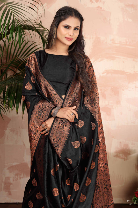 Black  Woven Silk Blend Classic Saree With Blouse