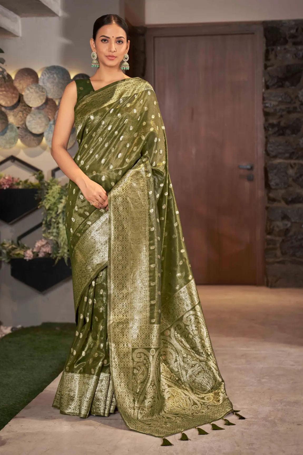Olive Green Shimmer Silk Woven Work Trending Saree