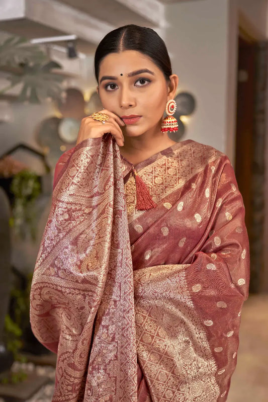 Rust Shimmer Silk Woven Trending Saree - Monjolika Fashion
