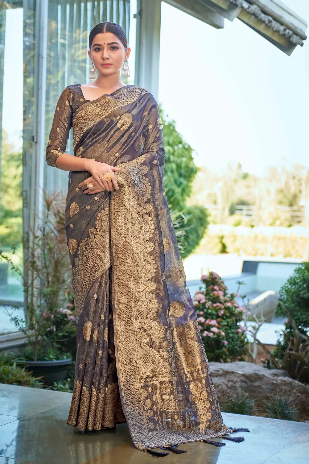 Ligth Navy Shimmer Silk Woven Work Ethnic Saree