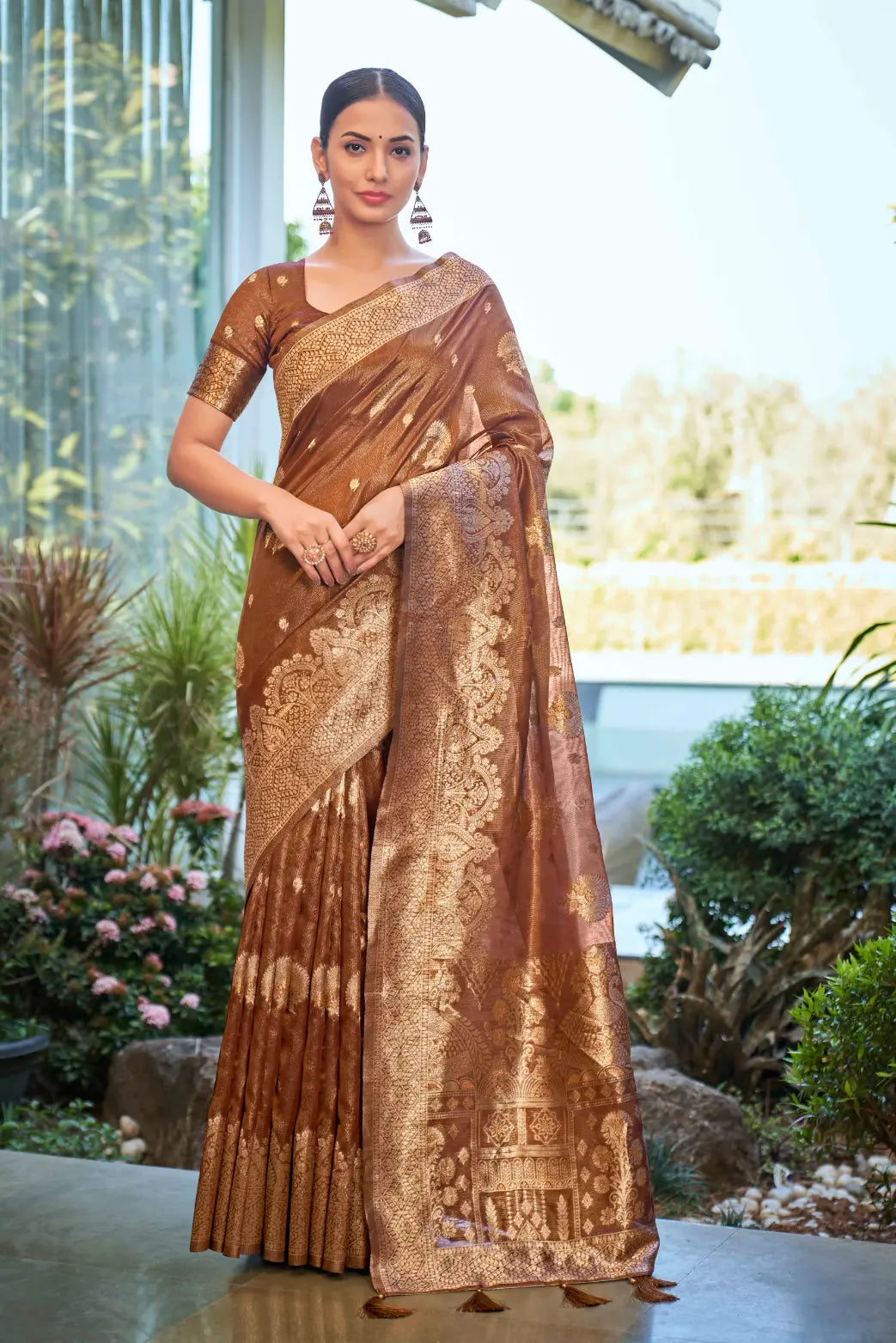 Rust Shimmer Silk Woven Work Ethnic Saree