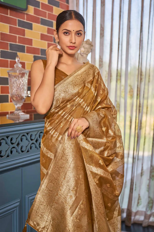 Mustard Shimmer Silk Woven Contemporary Style Saree - Monjolika Fashion