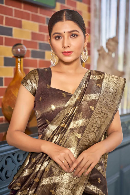 Coffee Brown Shimmer Silk Zari Woven Contemporary Style Saree - Monjolika Fashion
