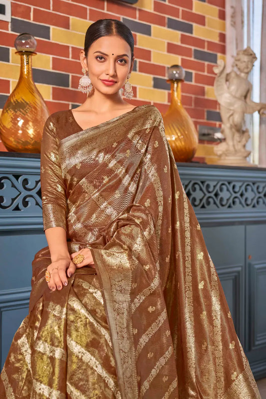 Rust Shimmer Silk Woven Contemporary Style Saree - Monjolika Fashion